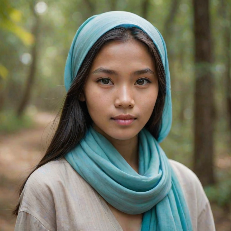 Create a portrait of a young Lao male with long, dark hair and captivating hazel eyes. She is wearing a cyan headscarf and a matching scarf draped gracefully around her neck. The background is softly blurred, focusing attention on her serene and natural expression. The overall color palette is muted and warm, enhancing the intimate and authentic feel of the portrait.