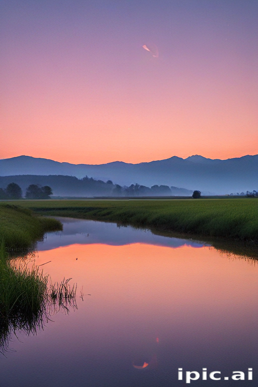 Tranquil Sunset Reflections Over a Serene River and Mountain Landscape