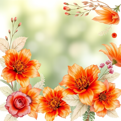 Create a watercolor floral frame with vibrant orange and red flowers, featuring intricate details and soft pastel leaves, captured using a DSLR camera with a 50mm lens, f/2.8 aperture, 1/250 shutter speed, natural light, and a shallow depth of field for a soft background blur.