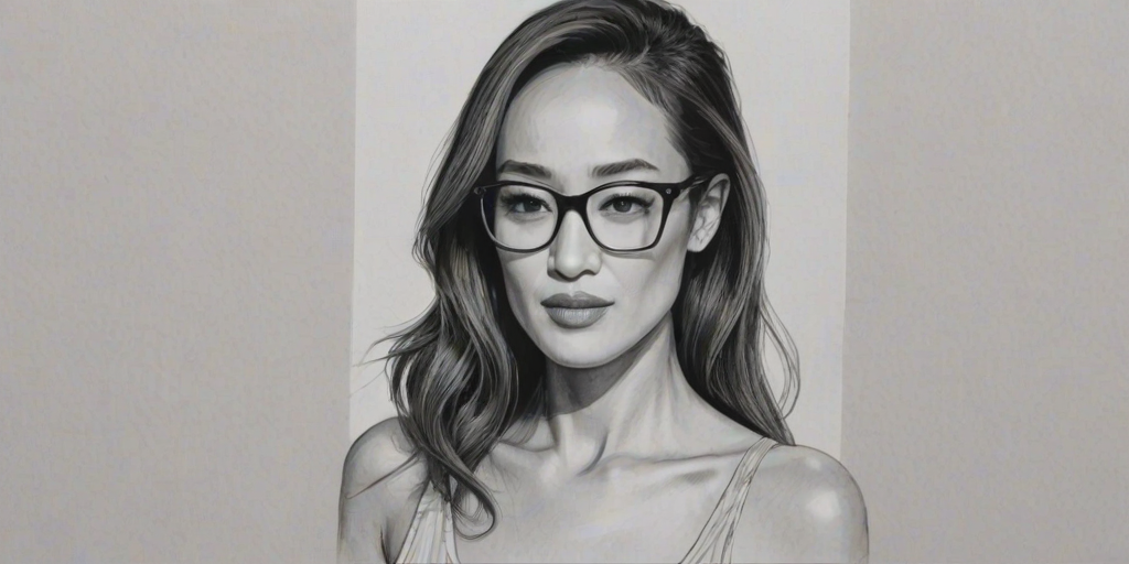 Alluring Maggie Q, pencil sketch, portrait of Wonderful woman 1963s in glasses, hair style beatnik, outline, clear lines, fine lines, 8k