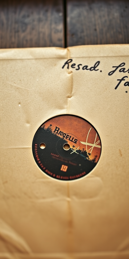 Capture a vintage album cover with a soft-focus effect, using a DSLR camera with a 50mm lens at f/1.8, ISO 100, shutter speed 1/200s, top-down view, natural lighting for enhanced texture details.