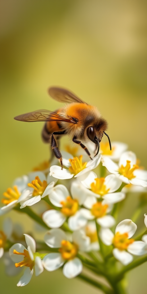 macro shot of a bee on white flowers with a blurred background, ISO 200, aperture f/2.8, shutter speed 1/200 sec, 100mm lens, natural light, DSLR camera