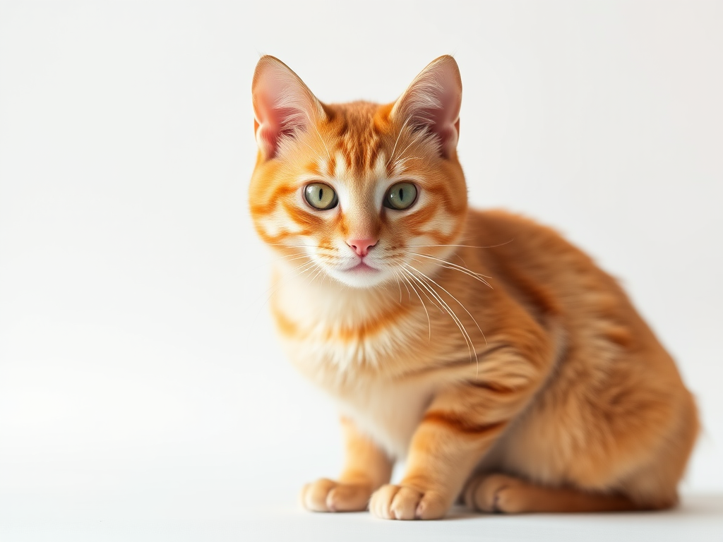 high-resolution portrait of an orange tabby cat sitting against a plain white background, 50mm lens, f/2.8 aperture, ISO 100, 1/200s shutter speed, natural light, soft focus effect, professional studio photography