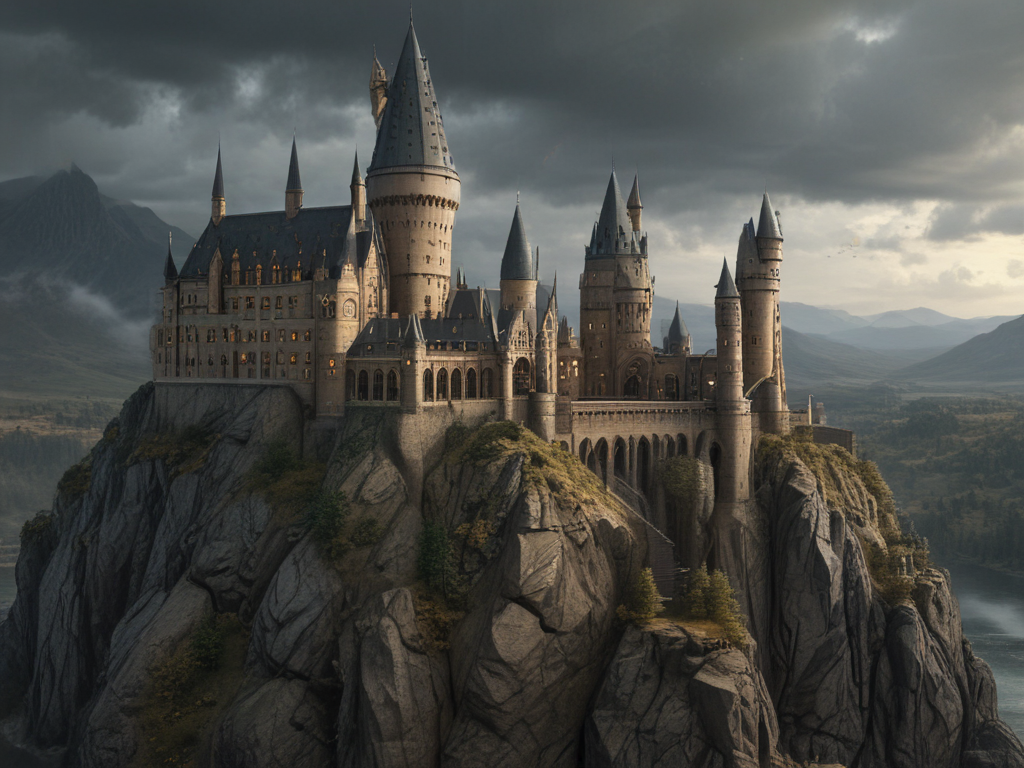 A Majestic Castle Perched on a Rocky Cliff Beneath Dramatic Skies