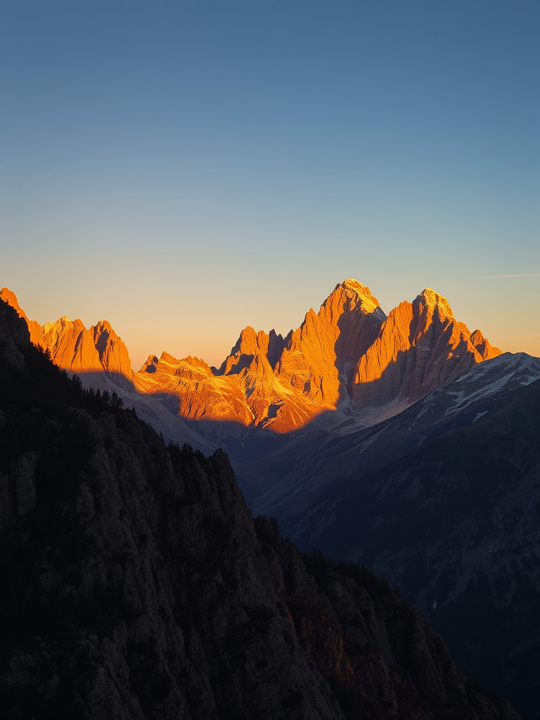 Generate a high-resolution image of dramatic mountain peaks at sunset with soft golden light casting shadows, captured with a Canon EOS R5, using a 24-70mm f/2.8 lens, aperture set to f/8, ISO 100, at a focal length of 35mm, with a wide-angle view to emphasize the grandeur of the landscape.