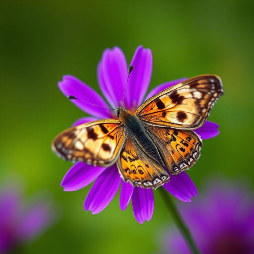 Close-up of a butterfly perched on a vibrant purple flower with a soft green background, shot with a Canon EOS 5D Mark IV, 100mm macro lens, aperture f/2.8, shutter speed 1/250 sec, ISO 100, shallow depth of field for a dreamy background.