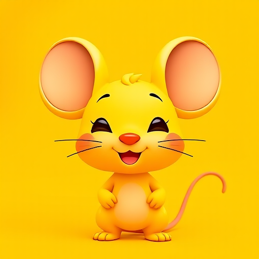Create an image of a cheerful, cartoon-style yellow mouse-like creature with large ears and red cheeks, set against a vibrant yellow background, using a DSLR camera with a 50mm lens, aperture f/2.8, ISO 100, high saturation, and soft lighting.