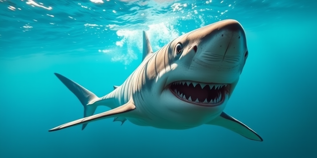 Generate a highly detailed 3D image of a great white shark swimming towards the viewer, using a DSLR camera with a 50mm lens, aperture set to f/2.8, shutter speed of 1/1250 sec, ISO 200, shot in a natural underwater environment with bright lighting and a slight motion blur to emphasize speed.