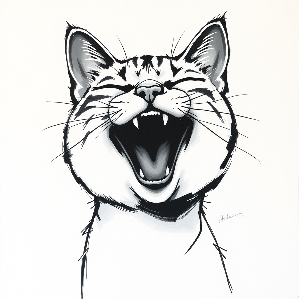 Abstract black and white acrylic portrait of an over exaggerated laughing (cat). Minimalism style. White background.