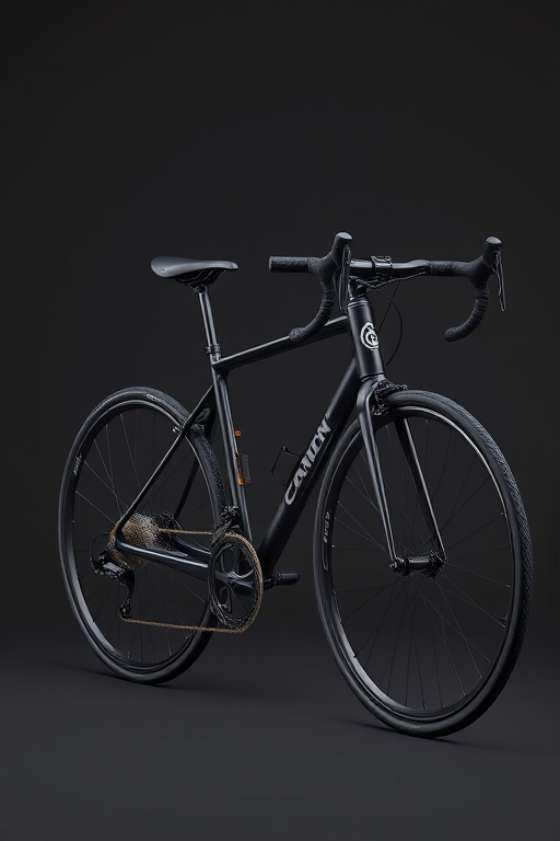 Create a detailed digital illustration of a sleek black bicycle with silver accents, set against a dark gray background, using a Canon EOS 5D Mark IV, 50mm lens, f/2.8 aperture, ISO 100, and a shallow depth of field to enhance image quality.