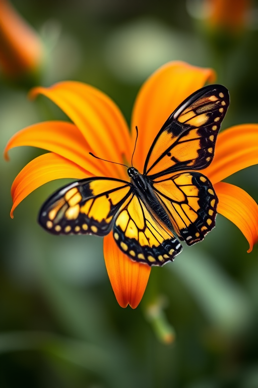 Generate an image of a butterfly perched on a vibrant orange lily flower. The butterfly should have intricate patterns on its wings, showcasing shades of black, yellow, and white. The background should be softly blurred to emphasize the butterfly and the flower, creating a serene and natural atmosphere.