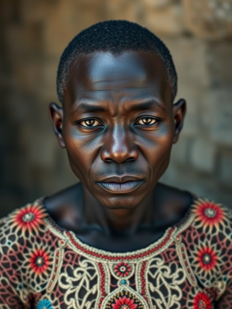 Face, shoulders, chest covered in openwork Cape Verdean embroidery. Raw, unedited image.