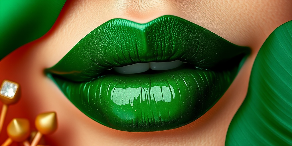 Opulent emerald green lips with a satin sheen, regal and luxurious, inspired by precious gemstones and tropical flora