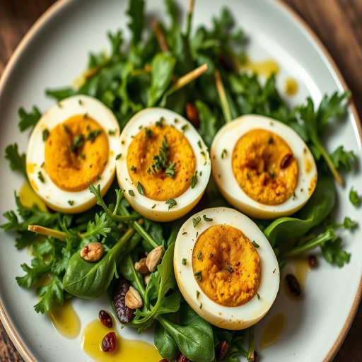 Capture a close-up of a plate featuring three halved scotch eggs on a bed of mixed greens, drizzled with olive oil and adorned with herbs and seeds, natural lighting, aperture f/2.8, ISO 200, 50mm lens, shallow depth of field, top-down view, DSLR camera.