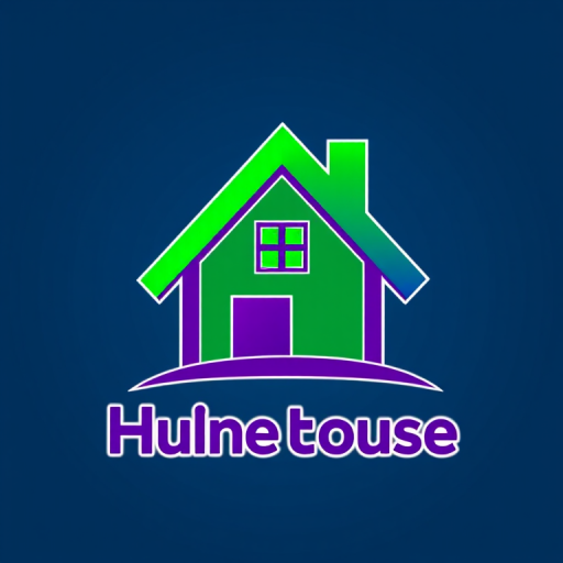 Create a vibrant logo featuring a stylized house with a green and purple color scheme, showcasing a modern design with angular shapes and strong lines, captured with a Canon EOS 5D Mark IV, 50mm lens, f/2.8 aperture, ISO 100, in high-resolution format for sharp details and vivid colors.