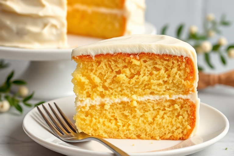 A slice of moist yellow cake with creamy white frosting served on a white plate with a fork beside it the background features a partially visible whole cake on a cake stand and some greenery for decoration