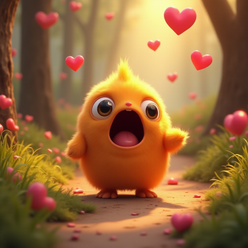 A fluffy orange creature with large eyes and a wide open mouth stands on a path in a whimsical forest, bright pink and red hearts float through the air, the creature has a surprised expression, the light is warm and soft, photorealistic, digital art, 3D style