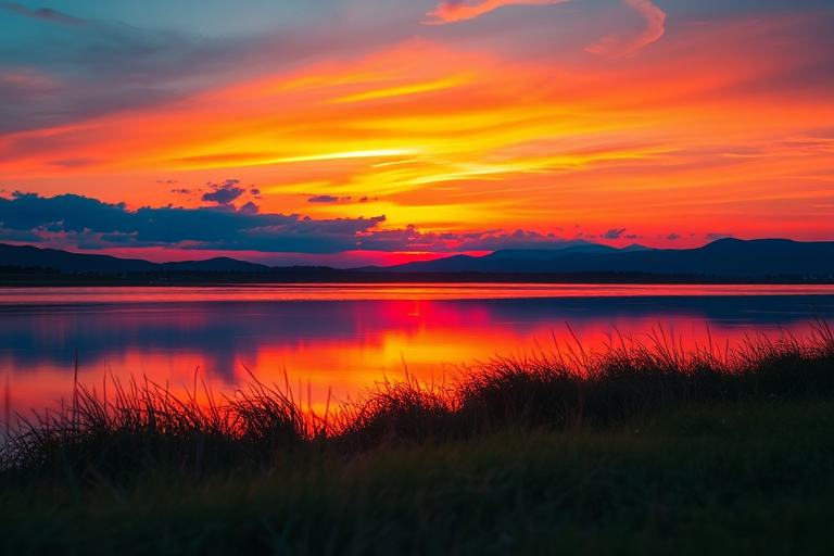 Generate an image of a serene landscape with a sunset over a calm lake, vibrant colors reflecting in the water, 50mm lens, f/4 aperture, ISO 100, shot from a low angle to emphasize the foreground, using a DSLR camera.
