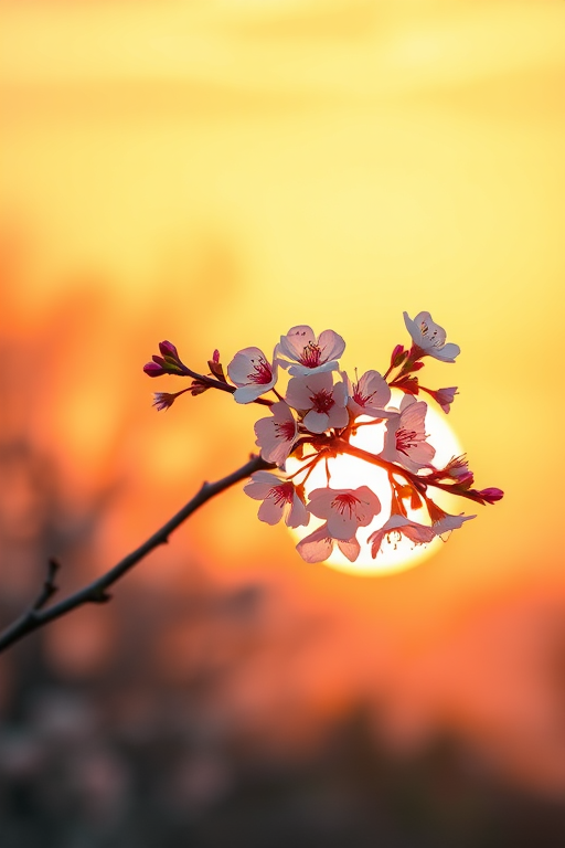 single cherry blossom tree in full bloom against a vibrant orange sunset background, soft focus foreground, ISO 100, aperture f/4, shutter speed 1/200s, 50mm lens, DSLR camera, portrait orientation, enhance color saturation and detail