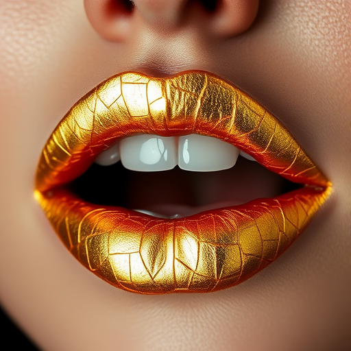 Glamorous gold leaf lips showcase intricate metallic patterns, creating a luxurious and artistic statement that gleams in the light