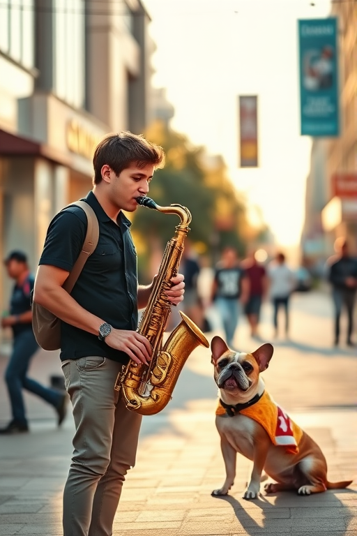 Generate an image of a young man playing a saxophone on a bustling street corner, with a relaxed French Bulldog sitting beside him, soft golden hour lighting, shallow depth of field, f/2.8 aperture, ISO 200, 50mm lens, DSLR camera, vibrant colors, candid street photography style.