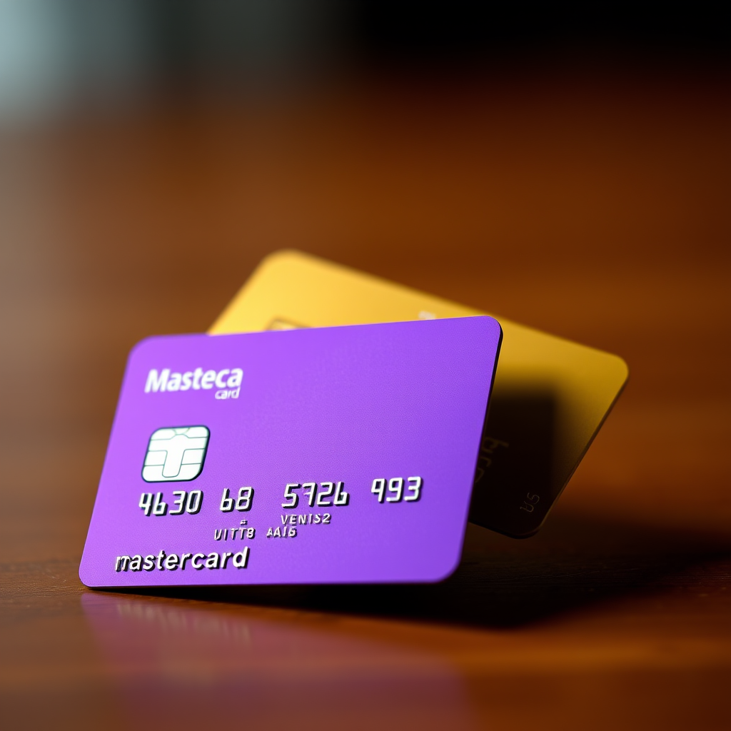 Create an image of two credit cards featuring a purple Mastercard and a gold Visa, centered in the frame with a focus on the card designs, photographed using a DSLR camera with a 50mm lens, aperture set to f/2.8, ISO 100, and a soft light setup to enhance colors and details in high resolution.