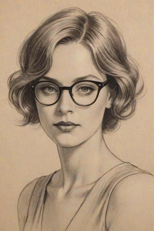 Charming Elle Duncan, pencil sketch, portrait of Stunning woman 1923s in glasses, hair style beatnik, outline, clear lines, fine lines, 8k