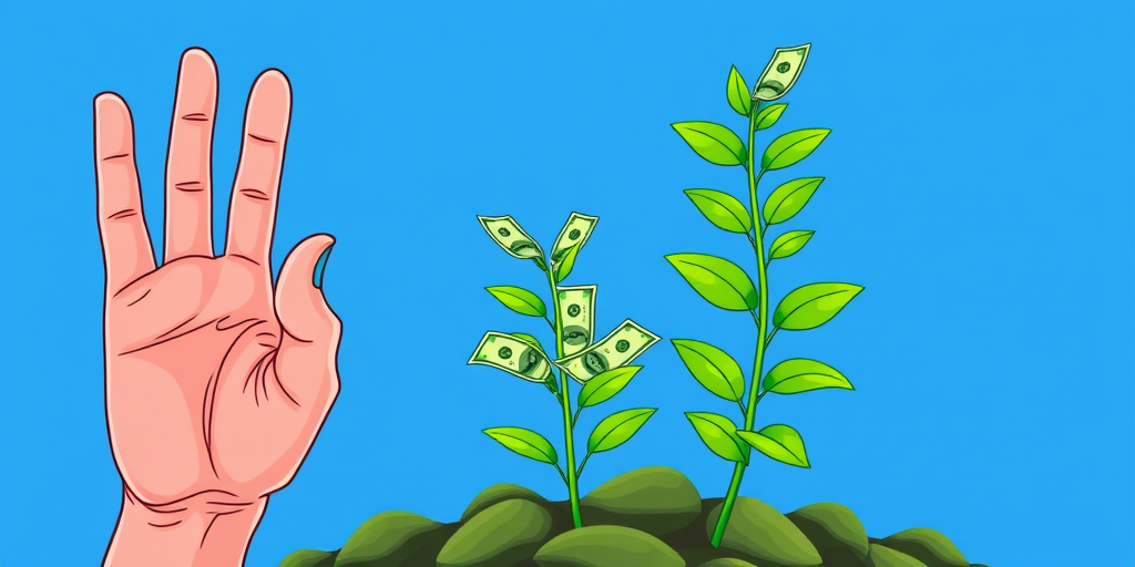 Create an illustration of a hand signaling "OK" next to a green plant with dollar bills growing from it, using bright blue background; camera settings: f/2.8, ISO 100, shutter speed 1/200s; camera view: close-up; camera style: vibrant colors; camera type: digital DSLR.