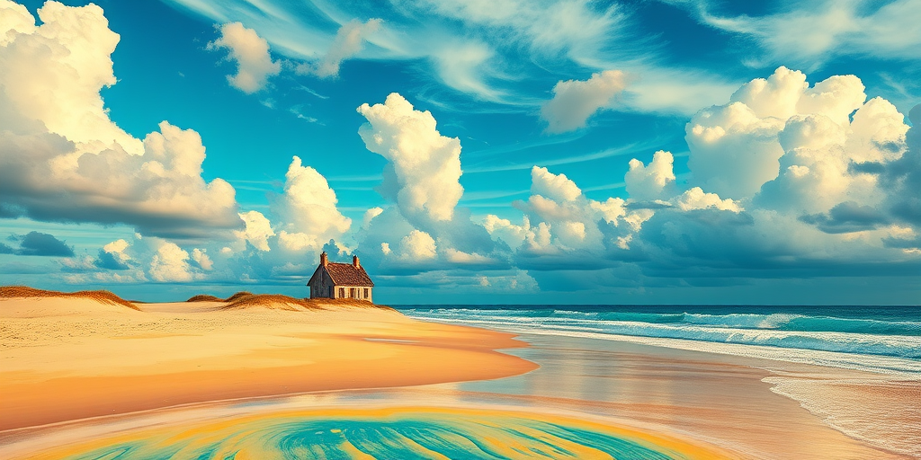 Create a vibrant digital painting of a beach landscape featuring a small house, with dramatic clouds and textured waves, using a Canon EOS 5D Mark IV with a 24-70mm f/2.8 lens, aperture set to f/8, ISO 100, and a wide-angle view.