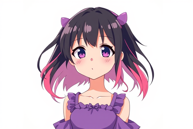 Generate an anime-style illustration of a girl with black and pink hair wearing a purple dress, in a bright, minimalist background, using a Canon EOS 5D Mark IV with a 50mm lens, aperture set to f/2.8, ISO 100, and a soft focus effect.