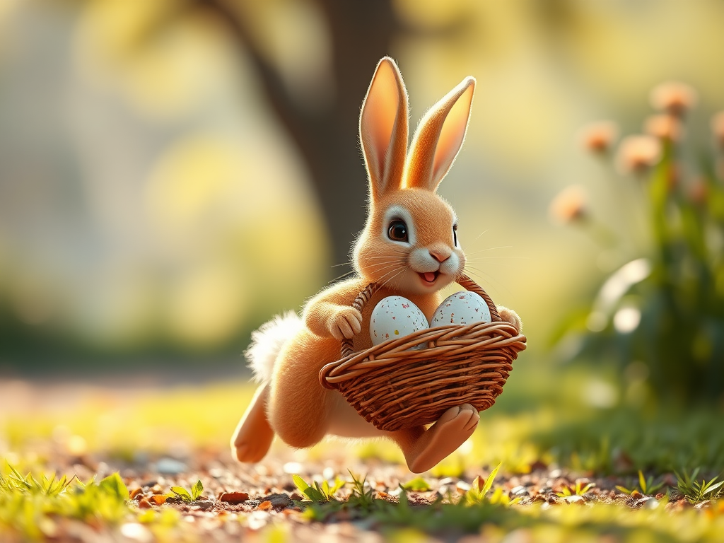 Create an animated character of a sparkling golden rabbit running with a basket of eggs, shot in high resolution with a 50mm lens at f/2.8, using a soft-focus style, in a vibrant color palette, captured with a DSLR camera.