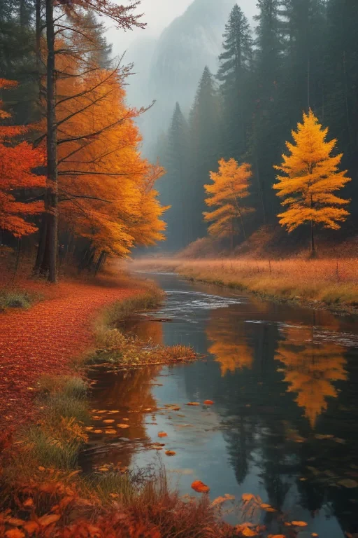Serene Autumn Landscape Featuring Vibrant Trees Reflecting in Calm River