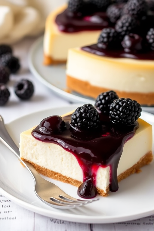A slice of cheesecake with a creamy white filling and a graham cracker crust topped with a glossy blackberry sauce and fresh blackberries on top, served on a white plate with a fork beside it, with a whole cheesecake in the background.
