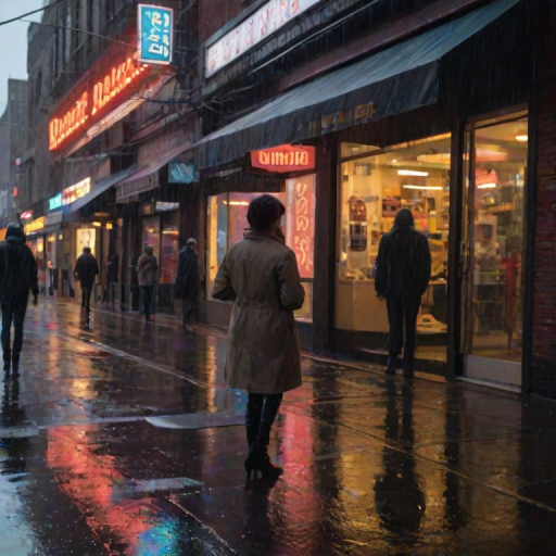Busy street during a rainy evening, umbrellas dot the crowd, reflecting neon lights on the wet pavement, a woman stands under a storefront awning, watching the cars pass by.