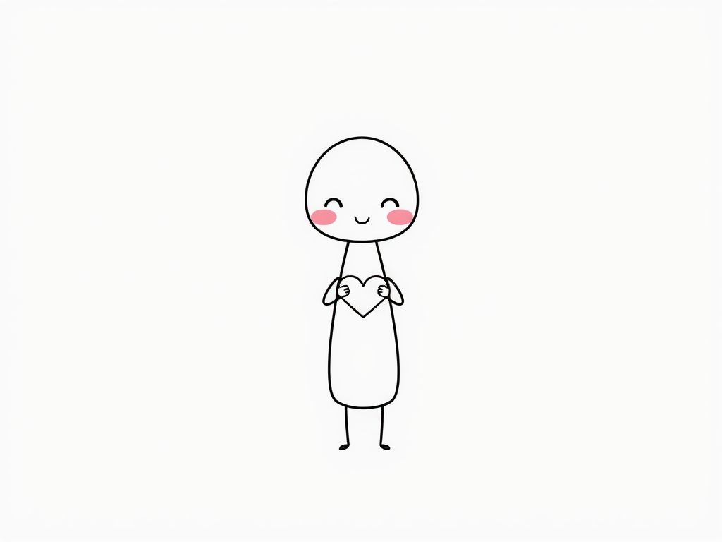 Create a simple cartoon character with a long body and a rounded head. The character should have blushing cheeks and be holding a heart shape with its hands. The style should be minimalistic with clean lines and a playful expression. Use a white background for a cheerful look.