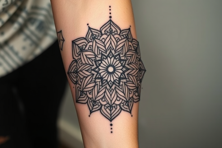Intricate blackwork mandala tattoo featuring geometric patterns and dotwork shading, adorning the forearm with delicate lines and symmetrical shapes, creating a mesmerizing optical illusion effect