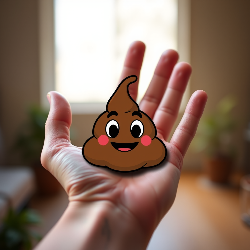 Create a high-resolution cartoon image of a stylized poop emoji sitting in the center of an artistic hand outline, using a DSLR camera with a 50mm lens, aperture f/1.8 for a blurred background, and a natural light setting to enhance colors and details.
