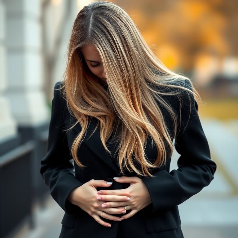A woman with long blonde hair in a black coat, standing with her head down and hands on her stomach, soft focus, natural lighting, 50mm lens, f/2.8 aperture, ISO 100, shallow depth of field, watercolor effect, high resolution.