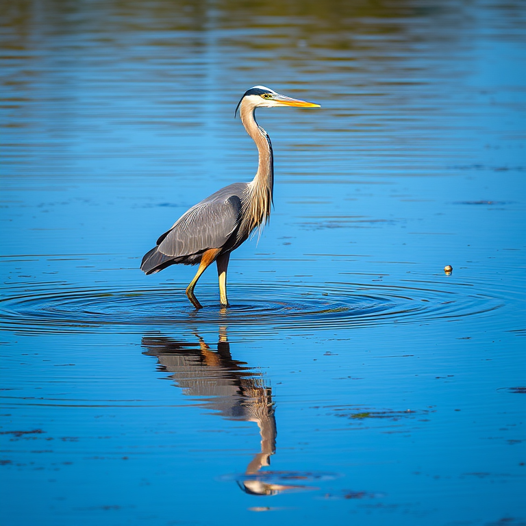 A great blue heron wading in shallow water with reflections, taken with a Canon EOS 5D Mark IV, 85mm lens, aperture f/4, ISO 200, shutter speed 1/250s, in natural light with a slight low-angle perspective.