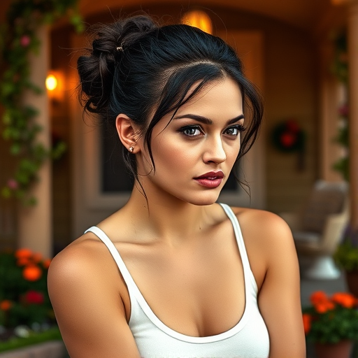 A photo of Mila Kunis with a background of a cozy porch. She has dark hair pulled back in an updo, with tendrils framing her face. She wears a white tank top and sits on the porch. The porch is part of a well-lit home with a warm, earthy tone and colorful flowers and foliage. The overall scene has a warm, welcoming, and comfortable ambiance.
