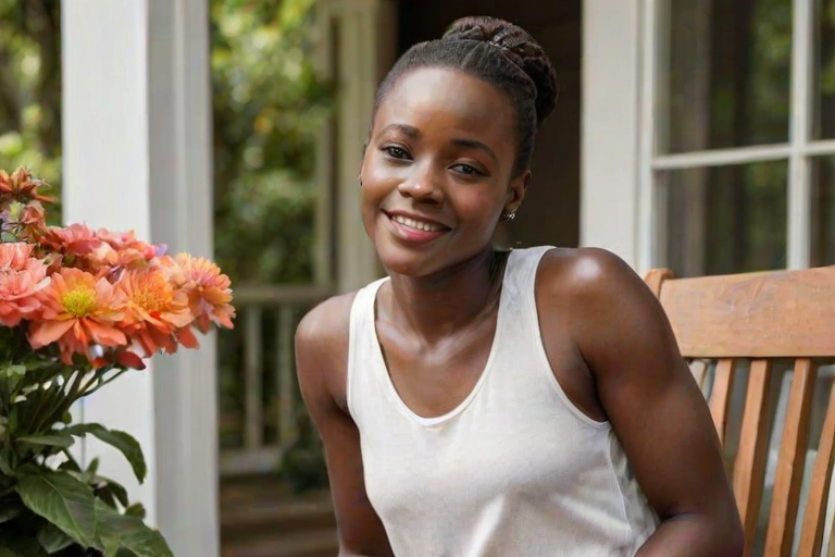 A photo of Lupita Nyong'o with a background of a cozy porch. She has dark hair pulled back in an updo, with tendrils framing her face. She wears a white tank top and sits on the porch. The porch is part of a well-lit home with a warm, earthy tone and colorful flowers and foliage. The overall scene has a warm, welcoming, and comfortable ambiance.