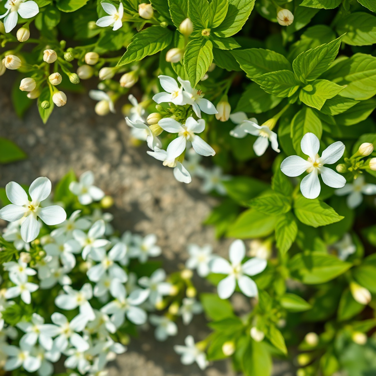 Create a high-resolution image of a floral border featuring delicate white flowers and green leaves, captured with a DSLR camera at f/2.8 aperture, ISO 100, 50mm lens, top-down view in natural light for enhanced clarity and vibrancy.