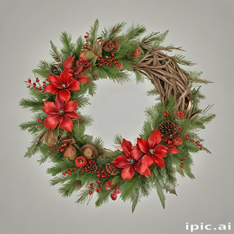 Beautiful Holiday Wreath Adorned with Red Flowers and Pinecones for ...