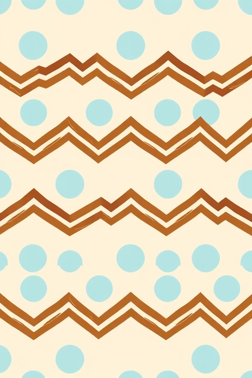Create a seamless pattern featuring wavy zigzag lines in brown and light blue polka dots on a beige background, captured with a DSLR camera at f/8 aperture, 50mm lens, 1/125s shutter speed, overhead angle, vibrant color profile.