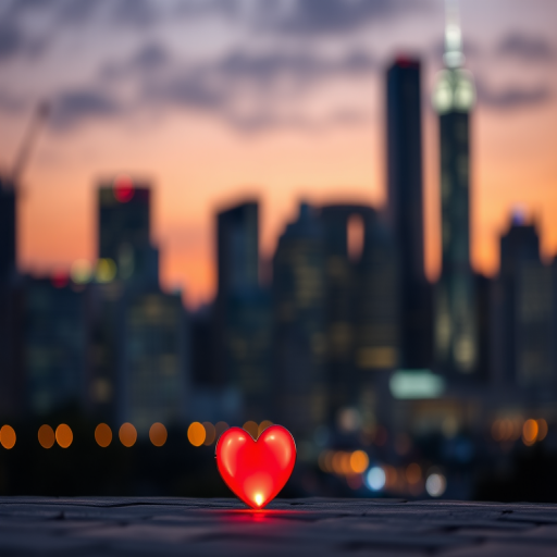 capture a romantic scene featuring two illuminated heart-shaped objects in the foreground, with blurred city skyscrapers in the background during twilight, using a Canon EOS R5, 50mm lens, aperture f/1.8, ISO 200, shutter speed 1/60s, soft focus background for a dreamy effect