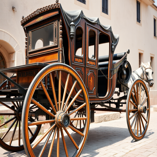 Regenerate an image of a vintage horse-drawn carriage with intricate wooden details and large spoked wheels, captured in a wide-angle view using a DSLR camera with a 50mm lens, aperture set to f/2.8, shutter speed 1/200 sec, ISO 100, in natural light for enhanced clarity and detail.