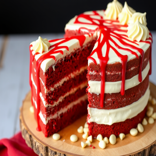 A three-layer red velvet cake with white frosting and swirls on top, featuring a slice removed to reveal the creamy yellow filling, drizzled with red icing, and surrounded by white chocolate chips on a wooden cake stand with a red cloth underneath.