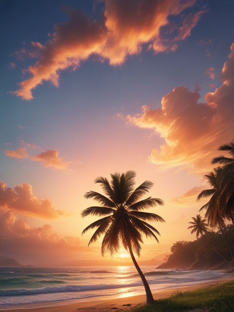 Serene Sunset Over a Tranquil Beach with Palm Trees Silhouetted