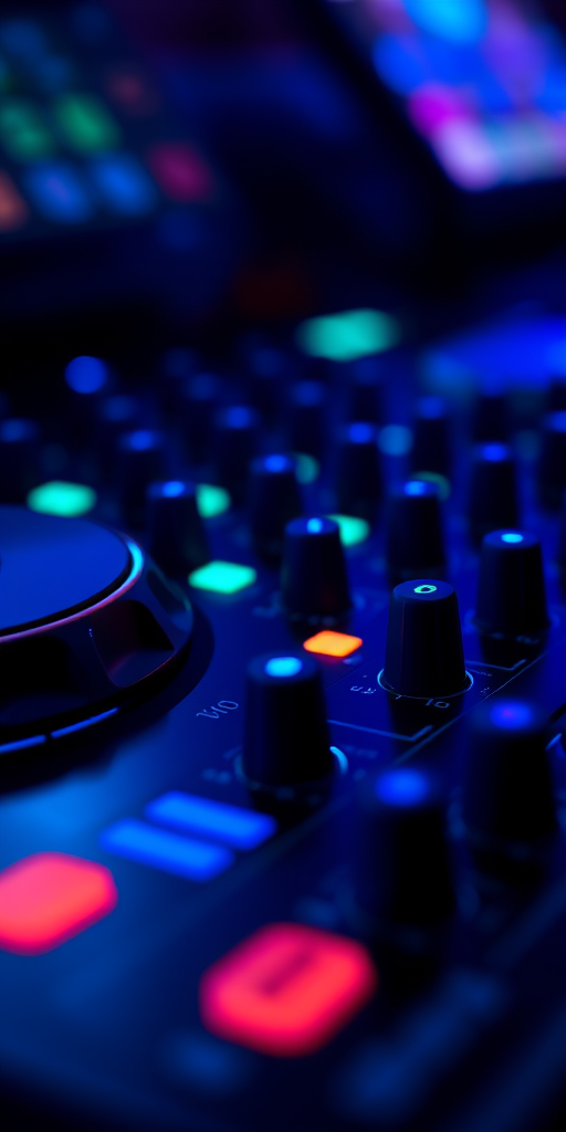 Close-up shot of a DJ mixer with vibrant blue LED lighting, aperture f/2.8, shutter speed 1/60s, ISO 100, 24mm lens, shallow depth of field, macro photography style, DSLR camera.