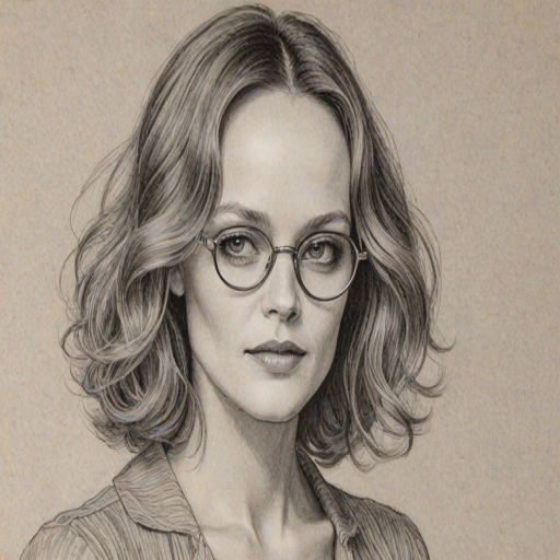 Charming Vanessa Paradis, pencil sketch, portrait of Splendid woman 1930s in glasses, hair style beatnik, outline, clear lines, fine lines, 8k